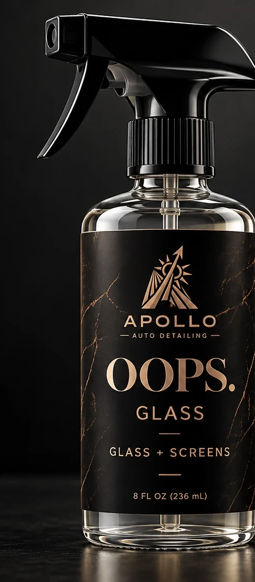 OOPS. Glass spray bottle by Apollo Auto Detailing, 8 fl oz, glass and screen cleaner