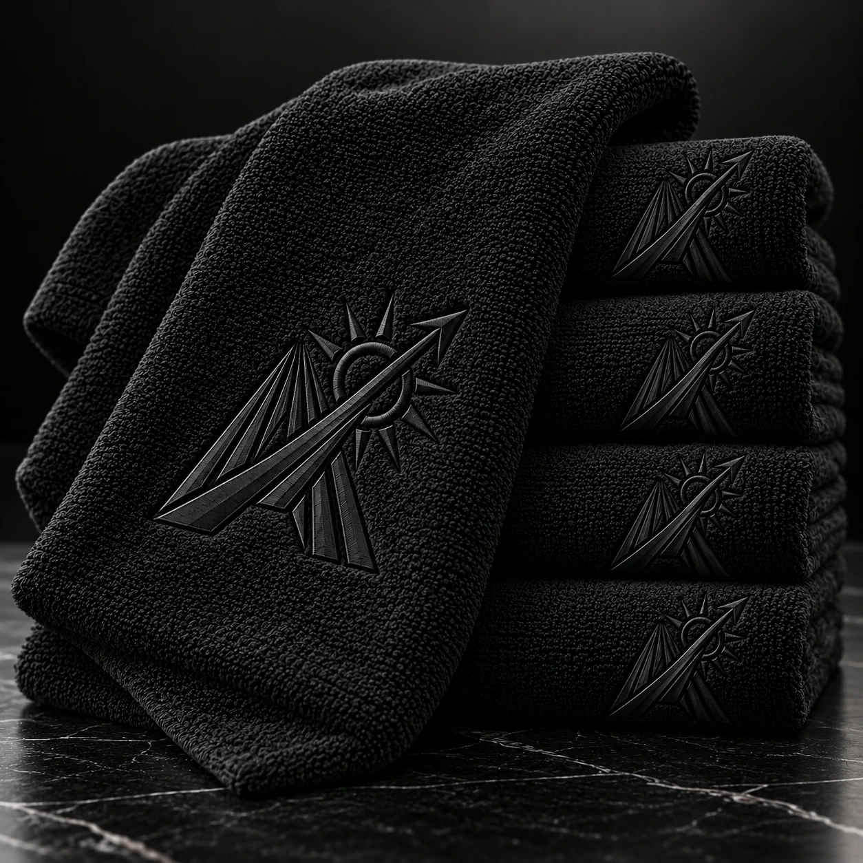 Stack of black Apollo Auto Detailing microfiber towels with embossed logo