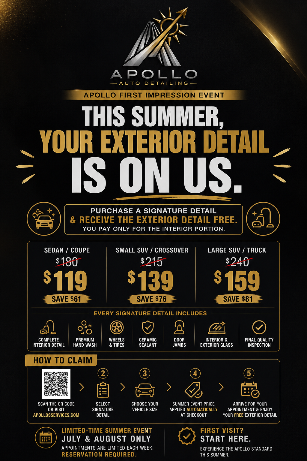 Apollo First Impression Event flyer — this summer, your exterior detail is on us