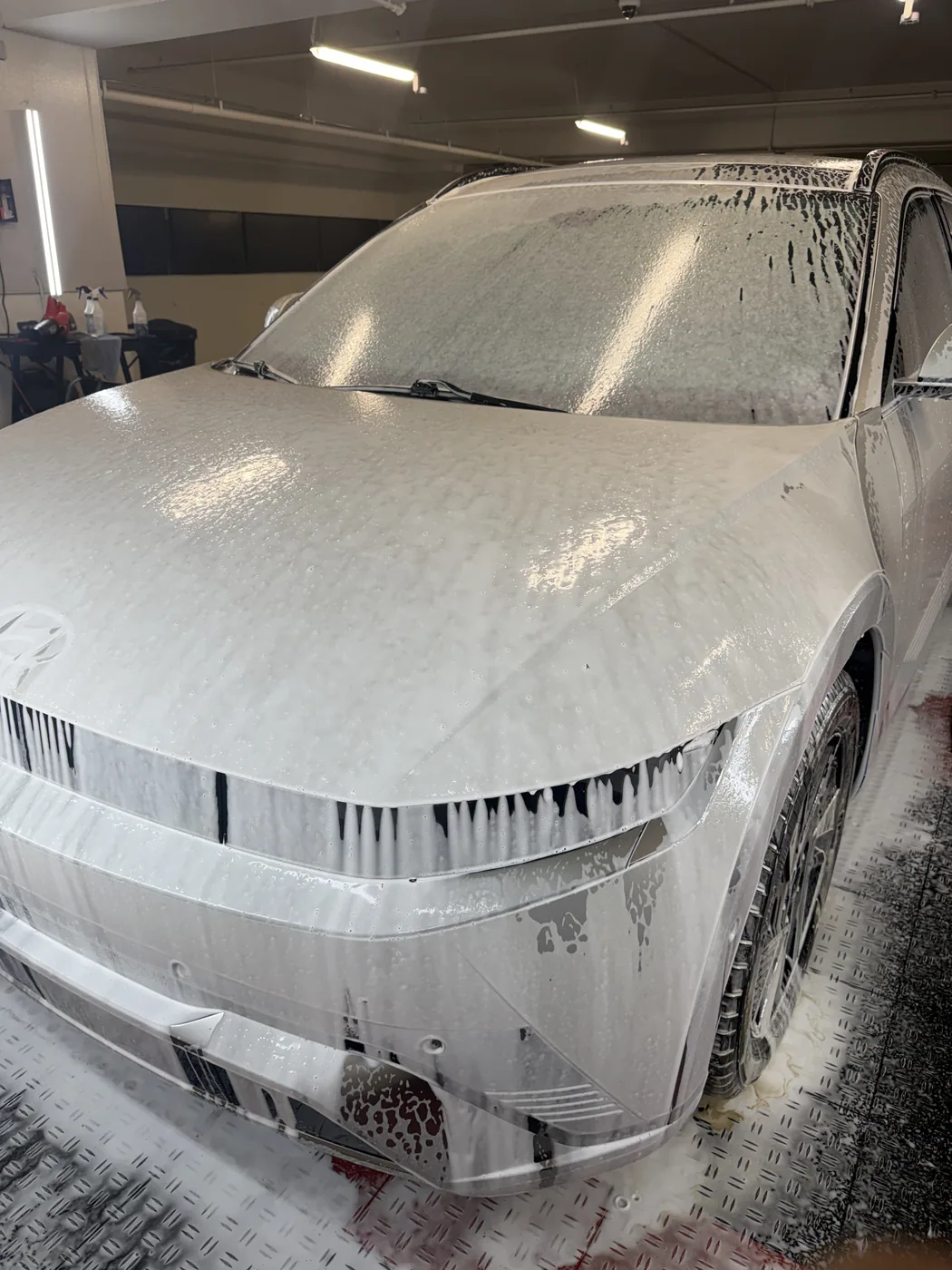 Hyundai covered in foam during wash